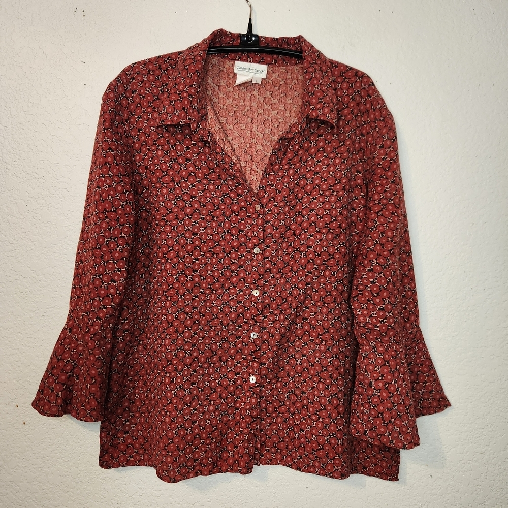 Coldwater Creek Burgundy Floral 100% Silk Button-Down Shirt, Size L